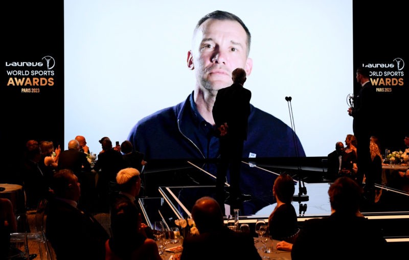 PARIS, FRANCE - MAY 08: Laureus Ambassador and former Ukraine international footballer Andriy Shevchenko speaks via video during the 2023 Laureus World Sport Awards Paris show at Cour Vendome on May 08, 2023 in Paris, France. (Photo by Kristy Sparow/Getty Images for Laureus)