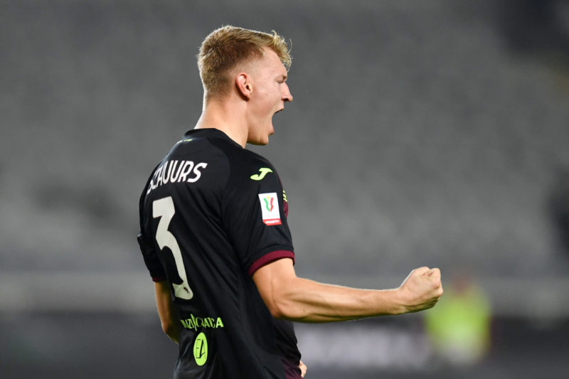TURIN, ITALY - OCTOBER 18: Perr Schuurs of Torino FC celebrates after scoring their team's third goal during the Coppa Italia match between Torino ...