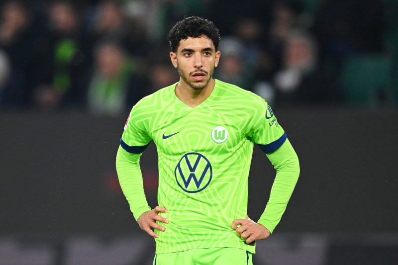 WOLFSBURG, GERMANY - APRIL 16: Omar Marmoush of VfL Wolfsburg looks on during the Bundesliga match between VfL Wolfsburg and Bayer 04 Leverkusen at Volkswagen Arena on April 16, 2023 in Wolfsburg, Germany. (Photo by Stuart Franklin/Getty Images)