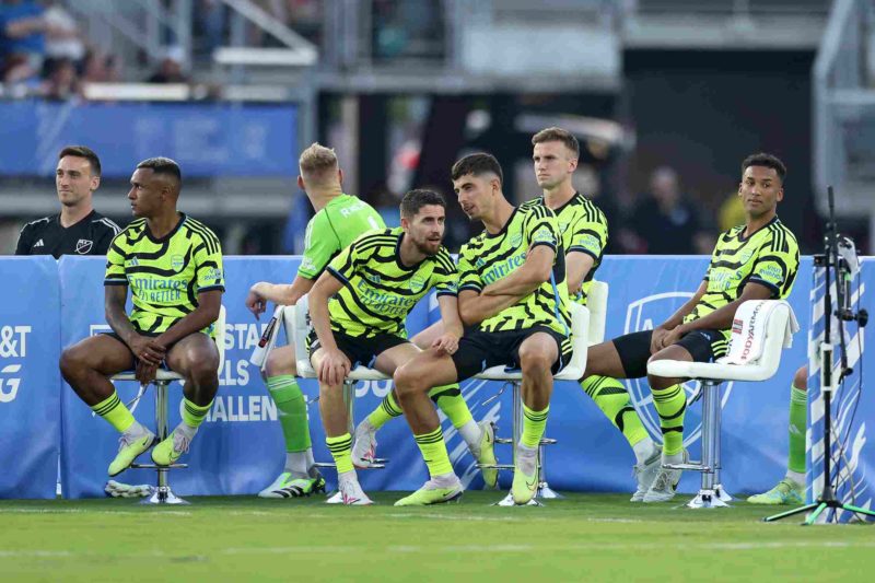 WASHINGTON, DC - JULY 18: Jorginho #20 and Kai Havertz #29 of Arsenal FC speak during the MLS All-Star Skills Challenge between Arsenal FC and MLS ...