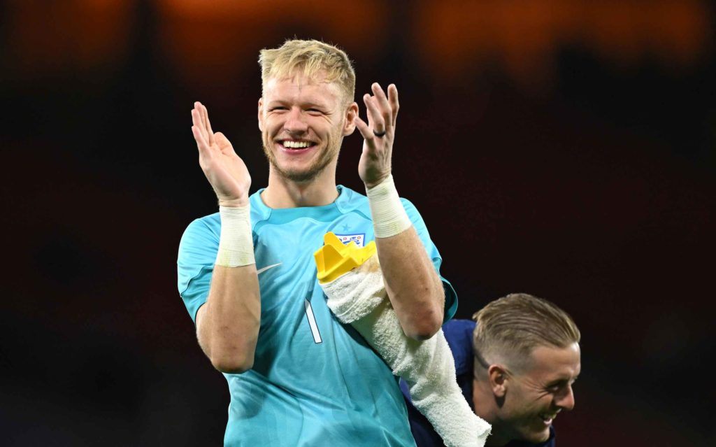 Aaron Ramsdale admits Arsenal and England concern 2 GLASGOW, SCOTLAND - SEPTEMBER 12: England goalkeeper Aaron Ramsdale (l) and Jordan Pickford share a joke after the 150th Anniversary Heritage Match between Scotland and England at Hampden Park on September 12, 2023 in Glasgow, Scotland. (Photo by Stu Forster/Getty Images)