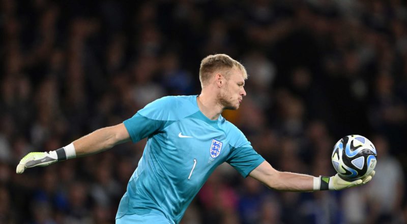 England goalkeeper Aaron Ramsdale in action during the 150th Anniversary Heritage Match between Scotland and England at Hampden Park on September 1...