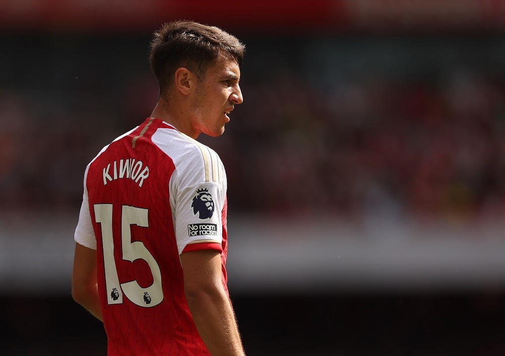 LONDON, ENGLAND: Jakub Kiwior of Arsenal looks on during the Premier League match between Arsenal FC and Fulham FC at Emirates Stadium on August 26...