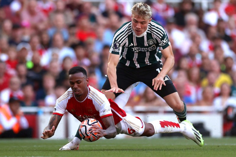 LONDON, ENGLAND - SEPTEMBER 03: Gabriel of Arsenal is fouled by Rasmus Hojlund of Manchester United during the Premier League match between Arsenal...