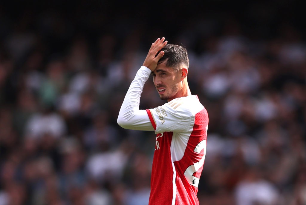LONDON, ENGLAND - SEPTEMBER 24: Kai Havertz of Arsenal reacts during the Premier League match between Arsenal FC and Tottenham Hotspur at Emirates Stadium on September 24, 2023 in London, England. (Photo by Alex Pantling/Getty Images)