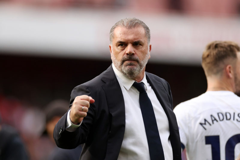 LONDON, ENGLAND - SEPTEMBER 24: Ange Postecoglou, Manager of Tottenham Hotspur, acknowledges the fans after the Premier League match between Arsenal FC and Tottenham Hotspur at Emirates Stadium on September 24, 2023 in London, England. (Photo by Ryan Pierse/Getty Images)