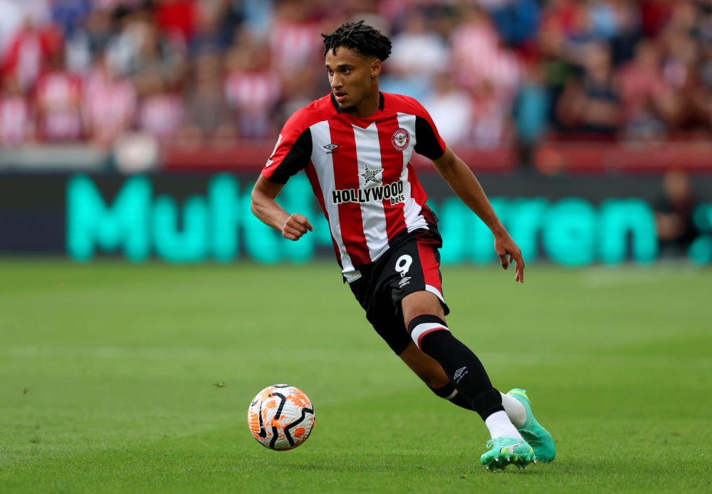BRENTFORD, ENGLAND: Kevin Schade of Brentford FC in action during the Premier League match between Brentford FC and Crystal Palace at Gtech Communi...