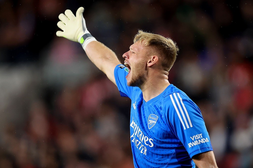Video: Aaron Ramsdale's cheeky reactions to Brentford fans 2 BRENTFORD, ENGLAND: Aaron Ramsdale of Arsenal reacts during the Carabao Cup Third Round match between Brentford and Arsenal at Gtech Community Stadium on September 27, 2023. (Photo by Julian Finney/Getty Images)