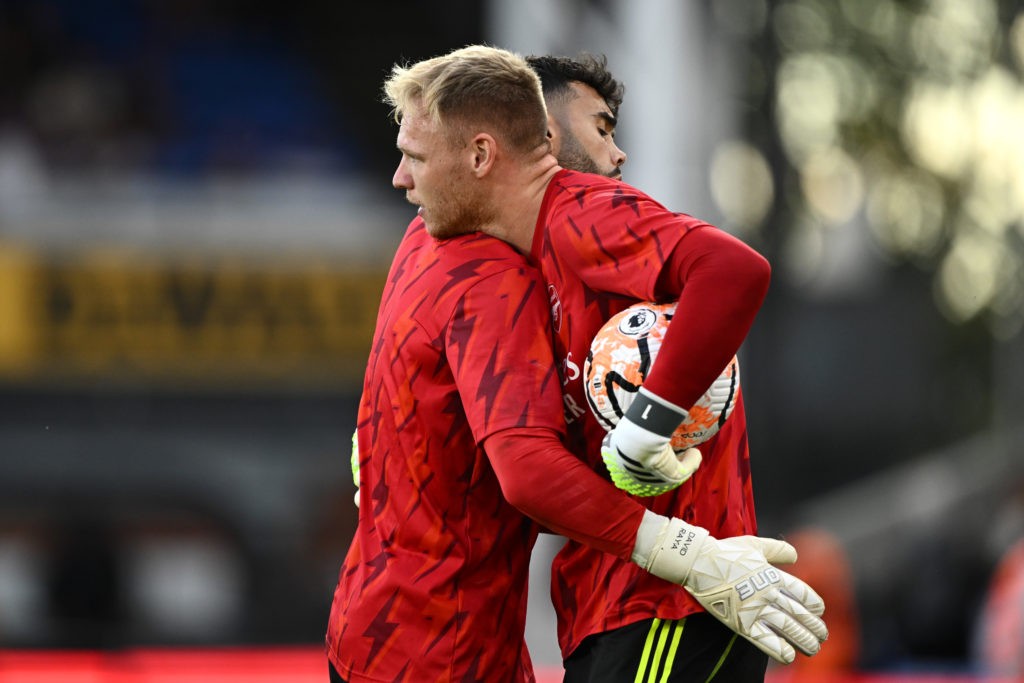Aaron Ramsdale admits Arsenal and England concern 4 LONDON, ENGLAND - AUGUST 21: Aaron Ramsdale and David Raya of Arsenal embrace as they warm up prior to the Premier League match between Crystal Palace and Arsenal FC at Selhurst Park on August 21, 2023 in London, England. (Photo by Mike Hewitt/Getty Images)