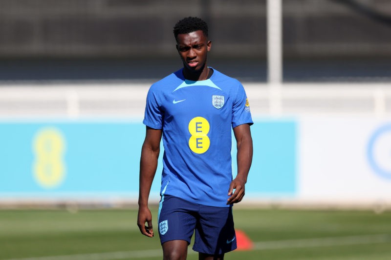 BURTON-UPON-TRENT, ENGLAND - SEPTEMBER 05: Eddie Nketiah of England looks on during a training session at St Georges Park on September 05, 2023 in ...