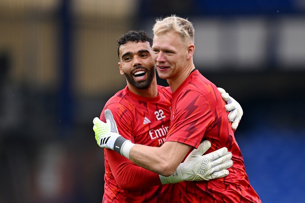 LIVERPOOL, ENGLAND: David Raya and Aaron Ramsdale of Arsenal interact prior to the Premier League match between Everton FC and Arsenal FC at Goodis...