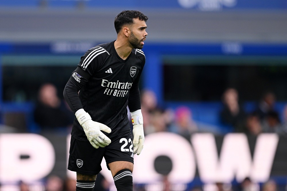 LIVERPOOL, ENGLAND: David Raya of Arsenal looks on during the Premier League match between Everton FC and Arsenal FC at Goodison Park on September ...