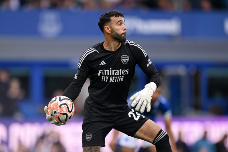 VAR does it again as Arsenal finally beat Everton at Goodison 3 LIVERPOOL, ENGLAND - SEPTEMBER 17: David Raya of Arsenal prepares to distribute the ball during the Premier League match between Everton FC and Arsenal FC at Goodison Park on September 17, 2023 in Liverpool, England. (Photo by Michael Regan/Getty Images)