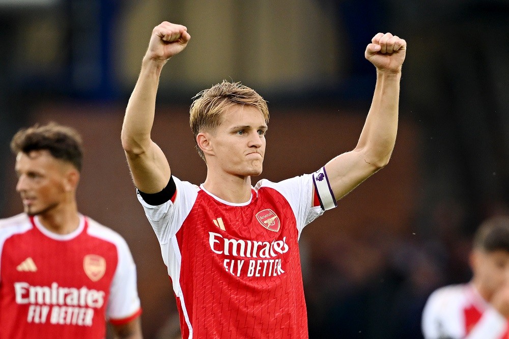 LIVERPOOL, ENGLAND: Martin Oedegaard of Arsenal celebrates after the team's victory in the Premier League match between Everton FC and Arsenal FC a...