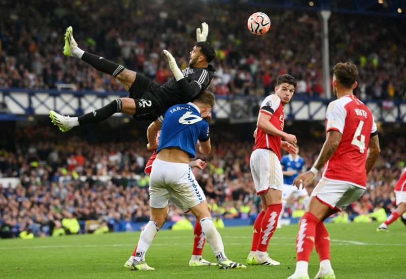 Mikel Arteta explains why he replaced Ramsdale with Raya 3 LIVERPOOL, ENGLAND - SEPTEMBER 17: David Raya of Arsenal is challenged by James Tarkowski of Everton during the Premier League match between Everton FC and Arsenal FC at Goodison Park on September 17, 2023 in Liverpool, England. (Photo by Stu Forster/Getty Images)