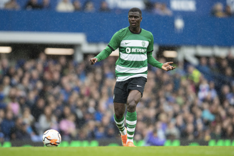 LIVERPOOL, ENGLAND - AUGUST 5: Ousmane Diomande of Sporting CP in action during the pre-season friendly match between Everton and Sporting Lisbon a...