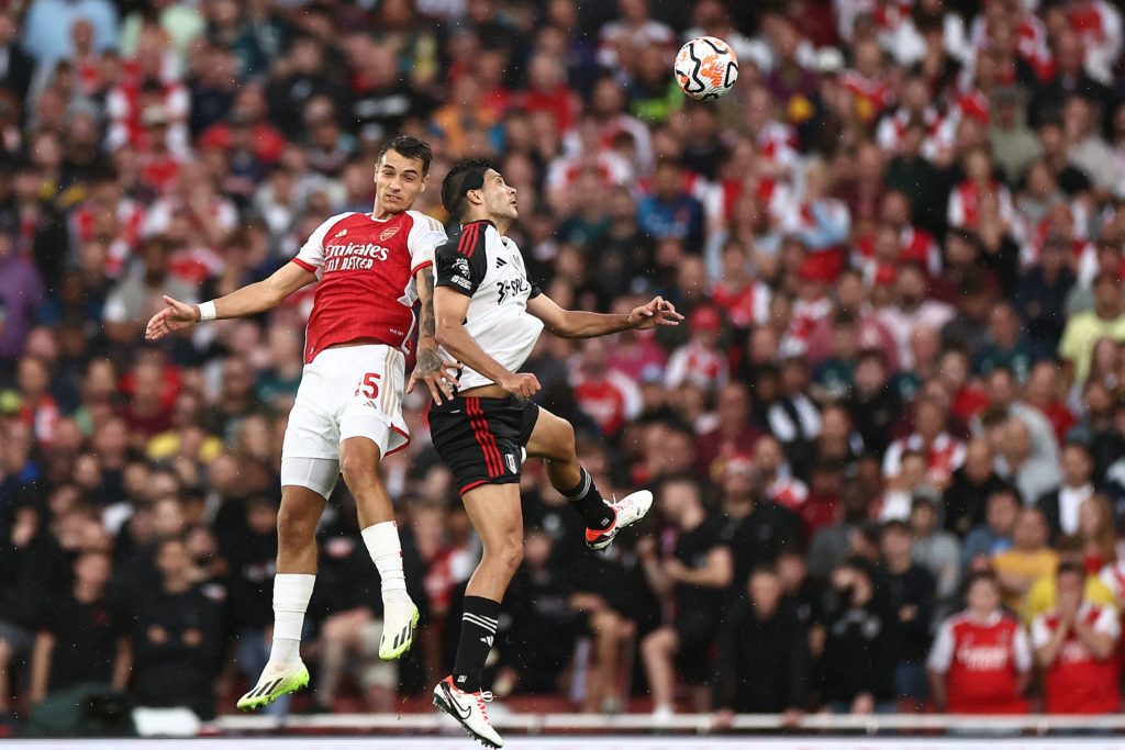 Arsenal reject loan offers from Serie A clubs for 23yo 3 Fulham's Mexican striker #07 Raul Jimenez heads the ball with Arsenal's Polish defender #15 Jakub Kiwior during the English Premier League football match between Arsenal and Fulham at the Emirates Stadium in London on August 26, 2023. (Photo by HENRY NICHOLLS/AFP via Getty Images)