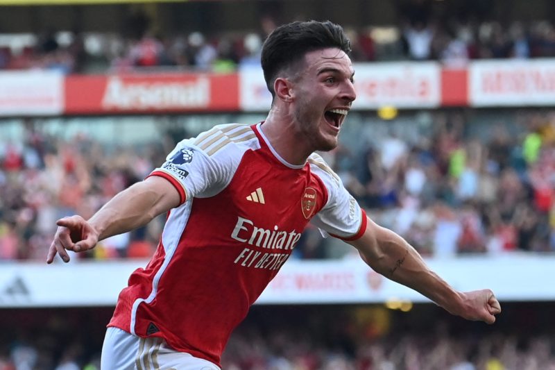 Arsenal's English midfielder #41 Declan Rice celebrates after scoring their late second goal during the English Premier League football match betwe...