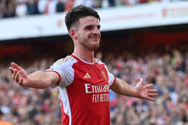 Arsenal's English midfielder #41 Declan Rice celebrates after scoring their late second goal during the English Premier League football match betwe...