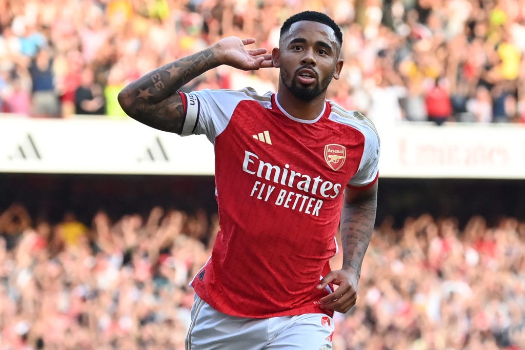 Arsenal's Brazilian striker #09 Gabriel Jesus celebrates after scoring their third goal during the English Premier League football match between Arsenal and Manchester United at the Emirates Stadium in London on September 3, 2023. (Photo by GLYN KIRK/AFP via Getty Images)