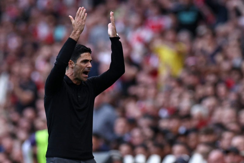 Arsenal's Spanish manager Mikel Arteta gestures on the touchline during the English Premier League football match between Arsenal and Tottenham Hot...