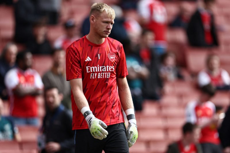 Arsenal's English goalkeeper #01 Aaron Ramsdale warms up ahead of the English Premier League football match between Arsenal and Tottenham Hotspur a...