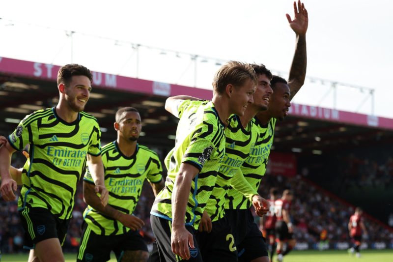 Arsenal's German midfielder #29 Kai Havertz (2ndR) and his teammates celebrate scoring the third goal from the penalty spot during the English Premier League football match between Bournemouth and Arsenal at the Vitality Stadium in Bournemouth, southern England on September 30, 2023. (Photo by ADRIAN DENNIS/AFP via Getty Images)
