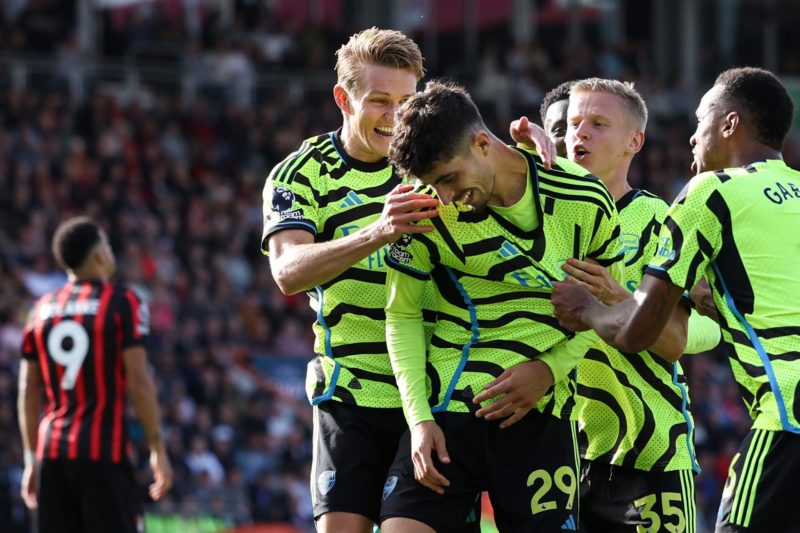 Arsenal's German midfielder #29 Kai Havertz (C) and his teammates celebrate scoring the third goal from the penalty spot during the English Premier League football match between Bournemouth and Arsenal at the Vitality Stadium in Bournemouth, southern England on September 30, 2023. (Photo by ADRIAN DENNIS/AFP via Getty Images)