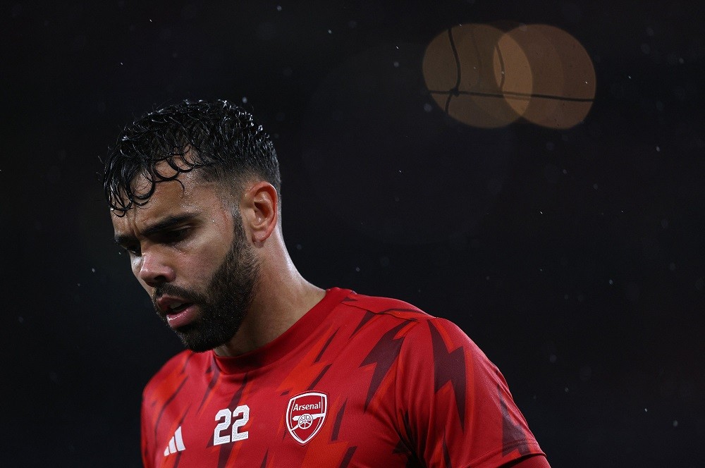 Arsenal's Spanish goalkeeper David Raya warms up ahead of the UEFA Champions League Group B football match between Arsenal and PSV Eindhoven at the...