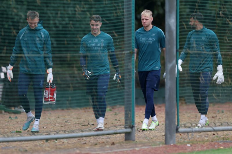 New Arsenal arrival opens door for exit 2 Arsenal's English goalkeeper #01 Aaron Ramsdale (2R) and Arsenal's Spanish goalkeeper #22 David Raya (R) attend a team training session at Arsenal's training ground in north London on September 19, 2023, ahead of their UEFA Champions League Group B football match against PSV Eindhoven. (Photo by ADRIAN DENNIS/AFP via Getty Images)