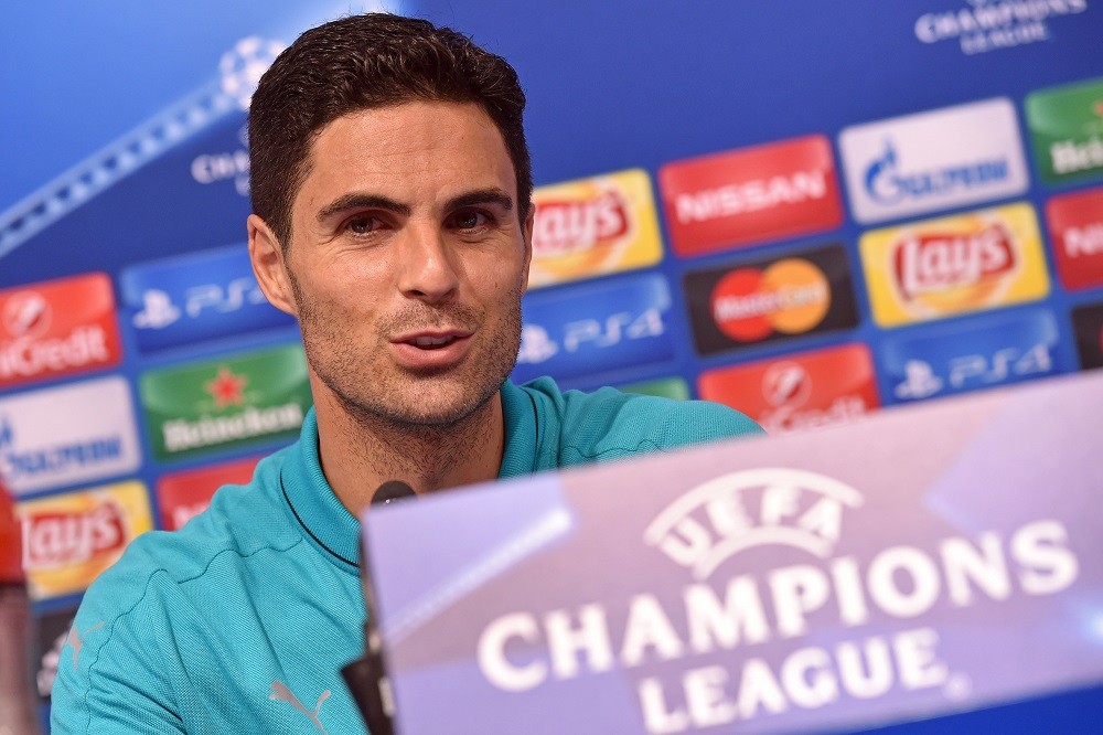 Then Arsenal midfielder Mikel Arteta speaks during a press conference ahead of the UEFA Champions League Group F football match between GNK Dinamo ...