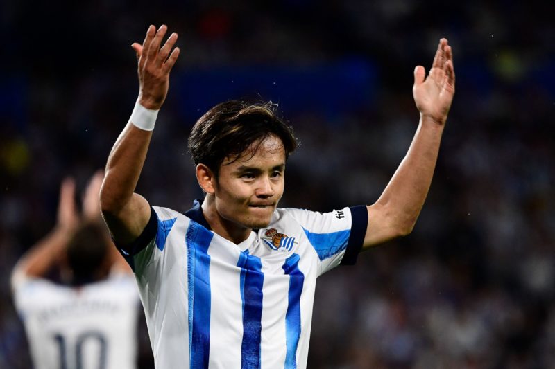 Real Sociedad's Japanese forward #14 Takefusa Kubo reacts during the UEFA Champions League 1st round day 1 group D football match between Real Soci...