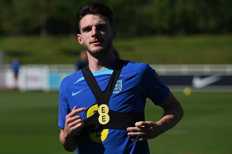 England's midfielder Declan Rice attends an England football team training session at St George's Park in Burton-Upon-Trent, on September 5, 2023 a...