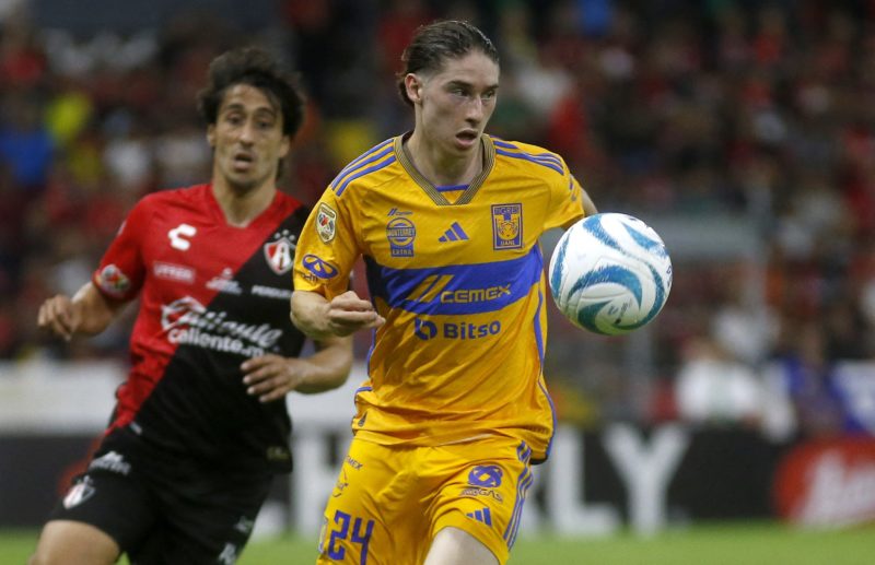 Tigres' midfielder Marcelo Flores carries the ball away from Atlas' defender Jose Abella during the Mexican Apertura football tournament match betw...