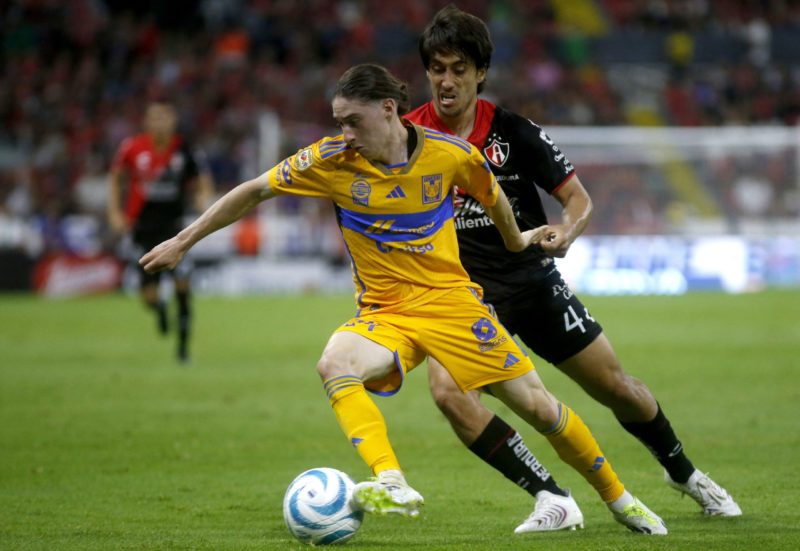 Tigres' midfielder Marcelo Flores (L) and Atlas' defender Jose Abella fight for the ball during the Mexican Apertura football tournament match betw...