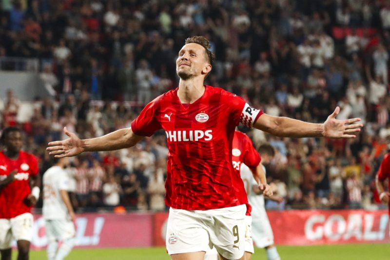 PSV Eindhoven Dutch forward #09 Luuk de Jong celebrates a goal during the Dutch Eredivisie match between PSV Eindhoven and NEC Nijmegen at the Phil...