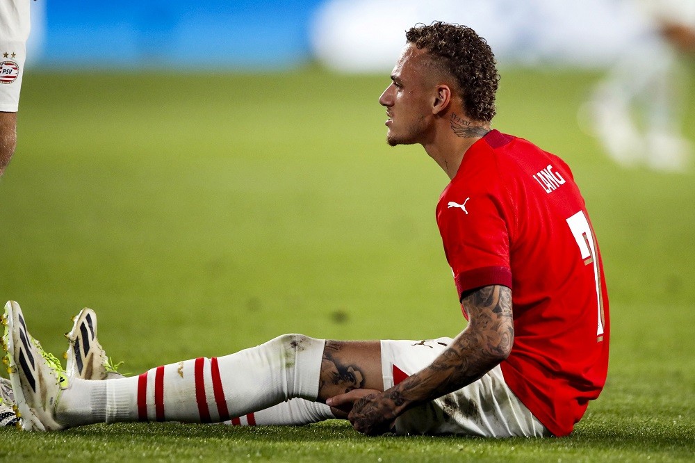 PSV Eindhoven Dutch forward Noa Lang reacts during the Dutch Eredivisie match between PSV Eindhoven and NEC Nijmegen at the Phillips stadium in Ein...