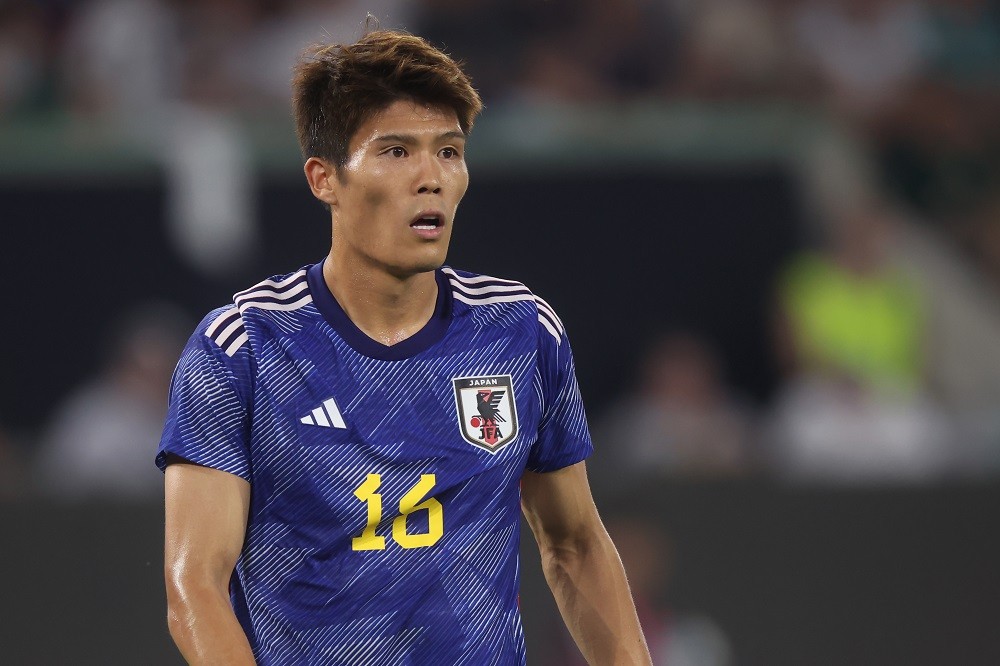 WOLFSBURG, GERMANY: Takehiro Tomiyasu of Japan reacts during the international friendly match between Germany and Japan at Volkswagen Arena on Sept...