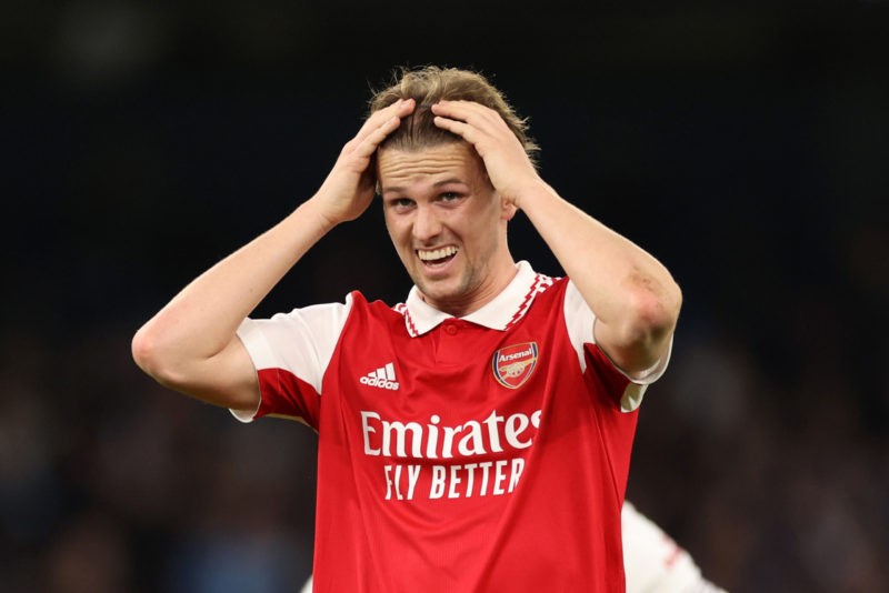 MANCHESTER, ENGLAND - APRIL 26: Rob Holding of Arsenal during the Premier League match between Manchester City and Arsenal FC at Etihad Stadium on ...