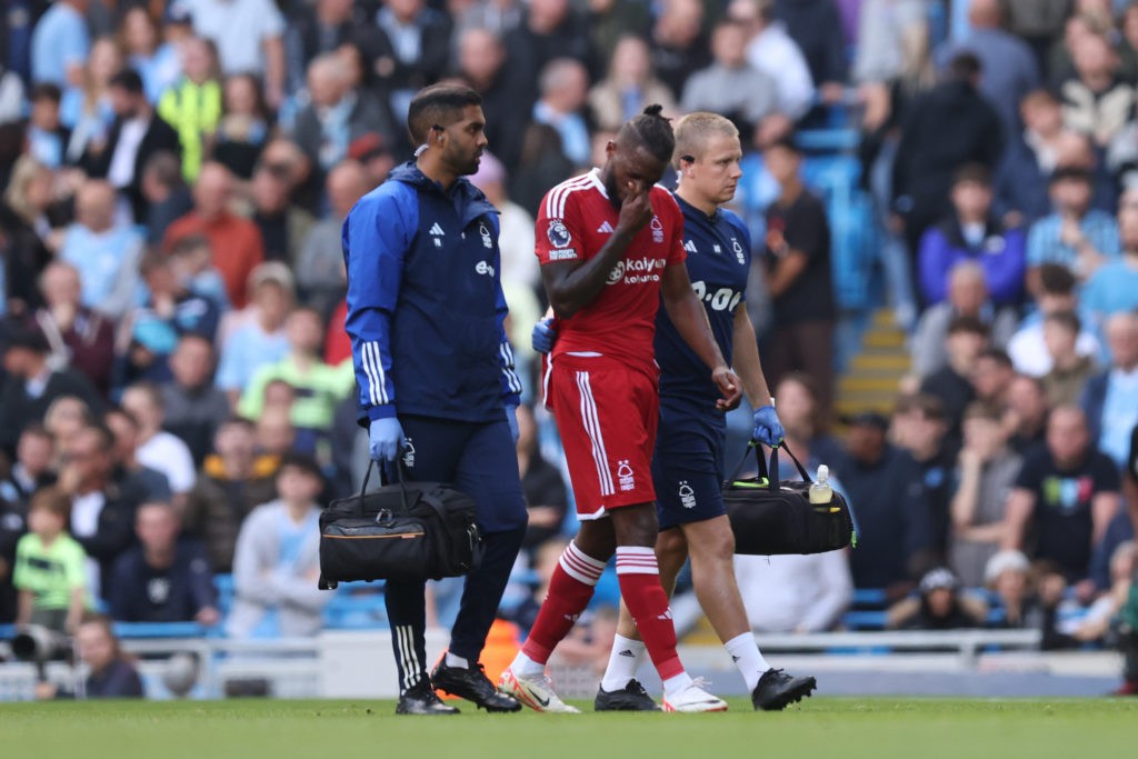 Arsenal loanee's club confirm they aren't activating purchase clause 4 MANCHESTER, ENGLAND - SEPTEMBER 23: Nuno Tavares of Nottingham Forest leaves the pitch due to injury during the Premier League match between Manchester City and Nottingham Forest at Etihad Stadium on September 23, 2023 in Manchester, England. (Photo by George Wood/Getty Images)