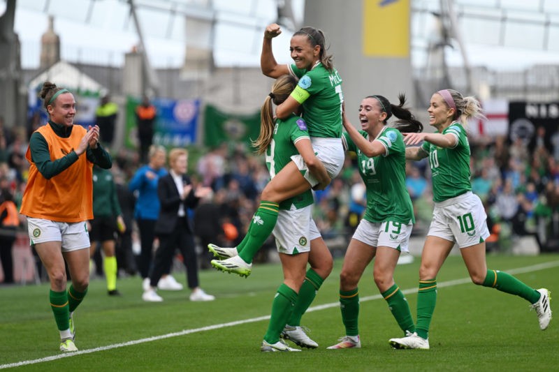 DUBLIN, IRELAND - SEPTEMBER 23: Kyra Carusa of Republic of Ireland celebrates with team mates after scoring their sides second goal during the UEFA...