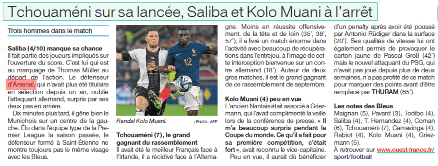 Arsenal star criticised for below-par international performance 3 Tchouaméni on his way, Saliba and Kolo Muani at a standstill Ouest France (Sarthe)13 Sep 2023