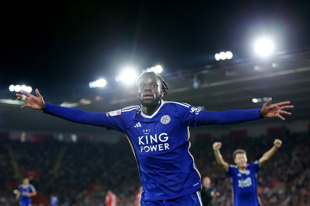 SOUTHAMPTON, ENGLAND: Stephy Mavididi of Leicester City celebrates after scoring the team's fourth goal during the Sky Bet Championship match betwe...