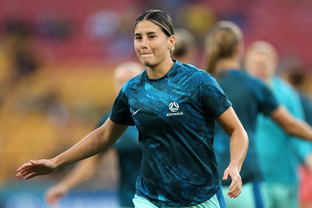 BRISBANE, AUSTRALIA: Kyra Cooney-Cross of Australia warms up during the FIFA Women's World Cup Australia & New Zealand 2023 Third Place Match match...