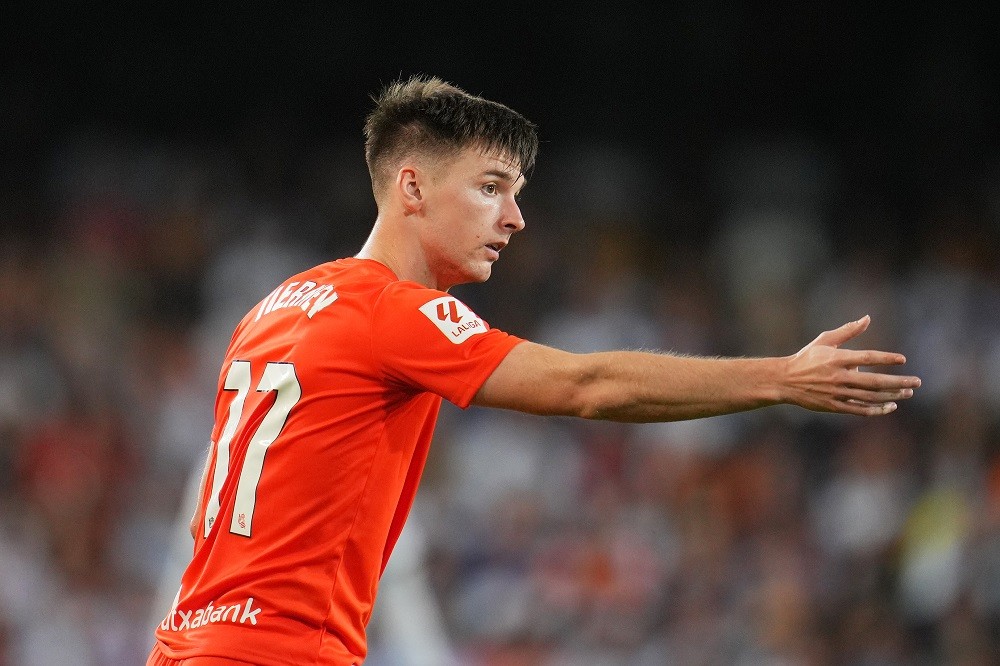 VALENCIA, SPAIN: Kieran Tierney of Real Sociedad reacts during the LaLiga EA Sports match between Valencia CF and Real Sociedad at Estadio Mestalla...