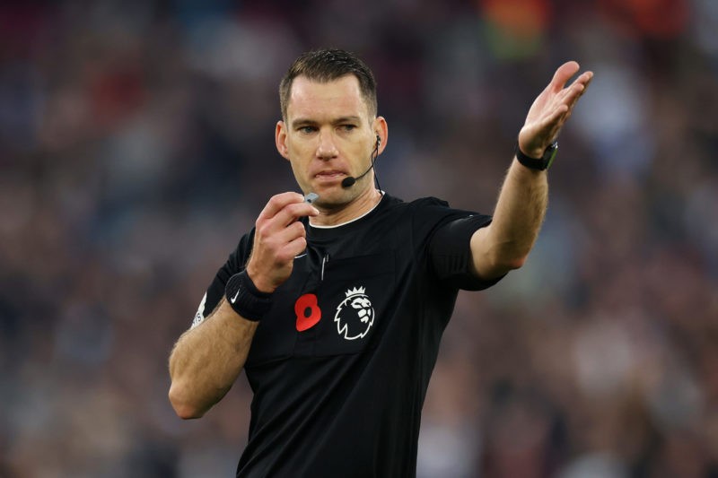 LONDON, ENGLAND - NOVEMBER 12: Referee Jarred Gillett looks on during the Premier League match between West Ham United and Leicester City at London...