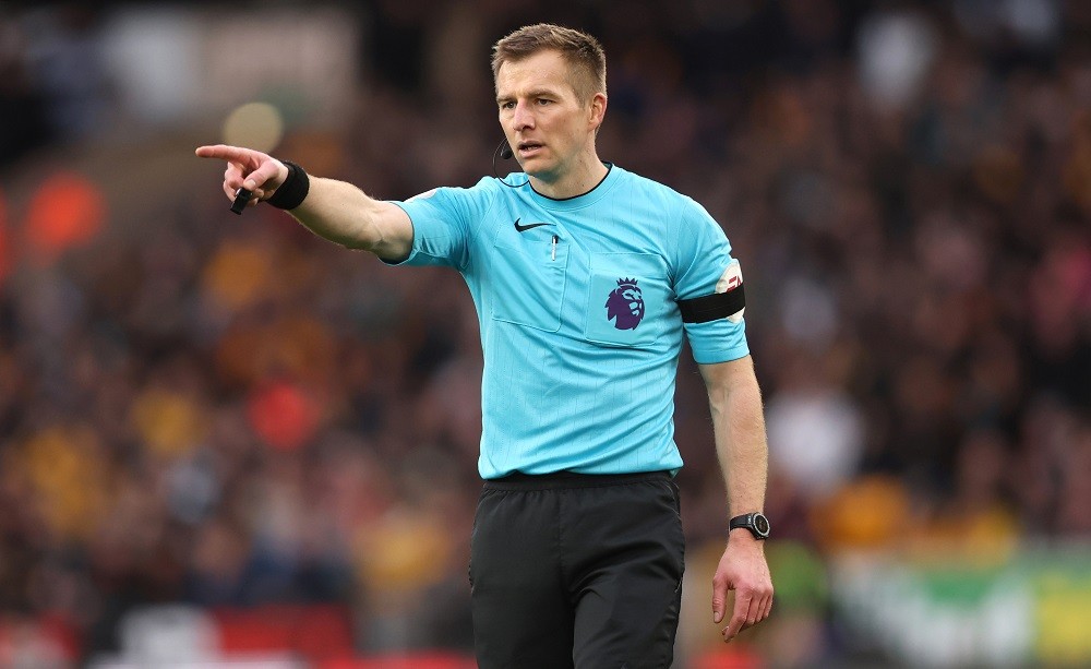 WOLVERHAMPTON, ENGLAND: Referee, Michael Salisbury gestures during the Premier League match between Wolverhampton Wanderers and AFC Bournemouth at ...