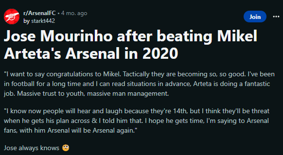 Arsenal fans fooled by fake quotes 3 A fake quote on Reddit spreads disinformation about what Jose Mourinho said on Mikel Arteta in 2020