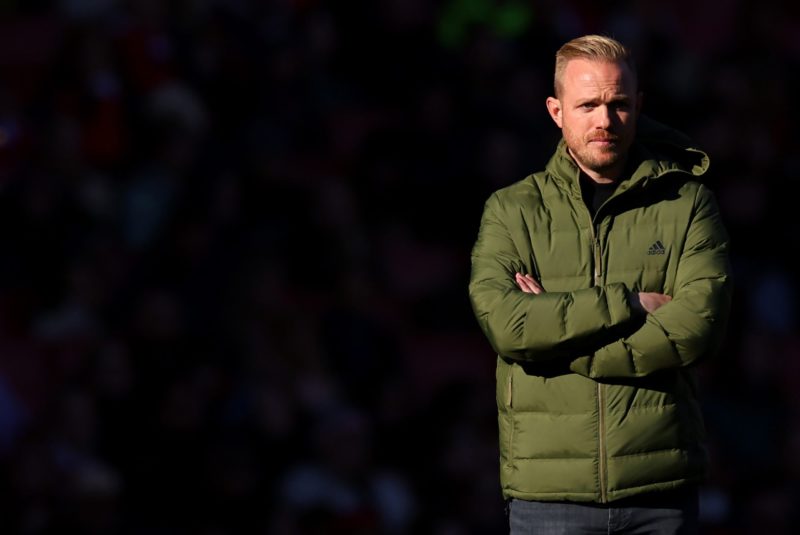 LONDON, ENGLAND - OCTOBER 15: Jonas Eidevall, Manager of Arsenal, looks on during the Barclays Women's Super League match between Arsenal FC and As...