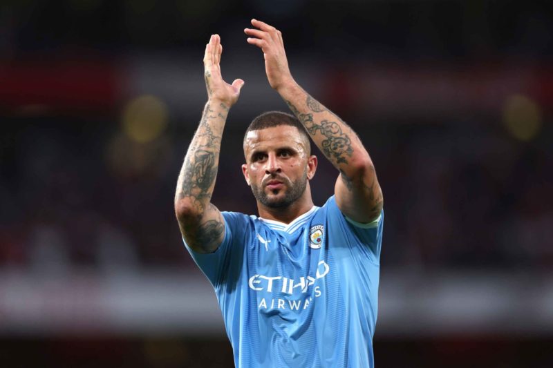 LONDON, ENGLAND - OCTOBER 08: Kyle Walker of Manchester City applauds fans during the Premier League match between Arsenal FC and Manchester City a...